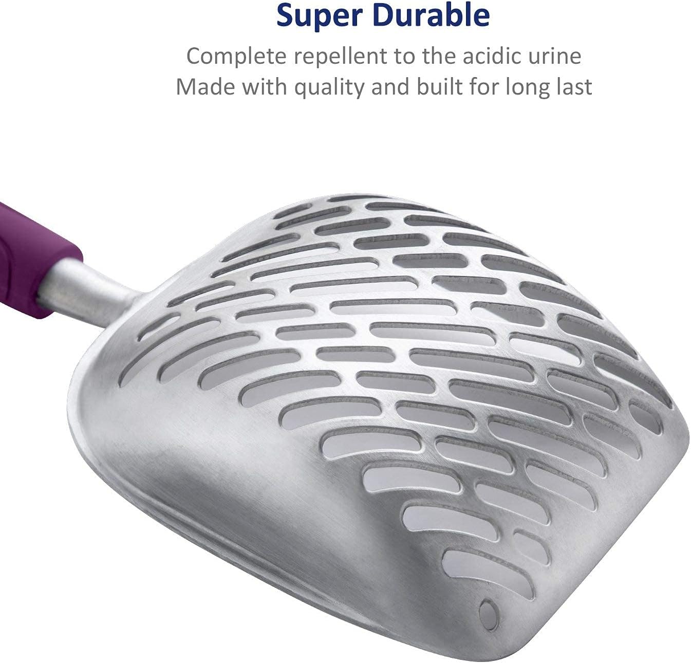 Cat Litter Scoop, Aluminum Alloy Sifter, Kitty Metal Scooper, Deep Shovel with Diagonal Sifting Hole, Long Handle, Kitten Poop Lifter for Litter Box, Medium Size, Blue Handle