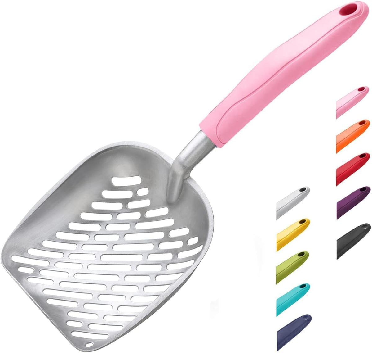 Cat Litter Scoop, Aluminum Alloy Sifter, Kitty Metal Scooper, Deep Shovel with Diagonal Sifting Hole, Long Handle, Kitten Poop Lifter for Litter Box, Medium Size, Blue Handle