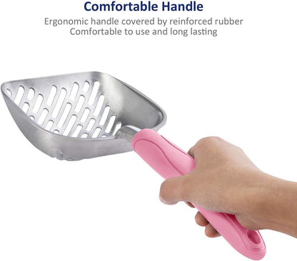 Cat Litter Scoop, Aluminum Alloy Sifter, Kitty Metal Scooper, Deep Shovel with Diagonal Sifting Hole, Long Handle, Kitten Poop Lifter for Litter Box, Medium Size, Blue Handle