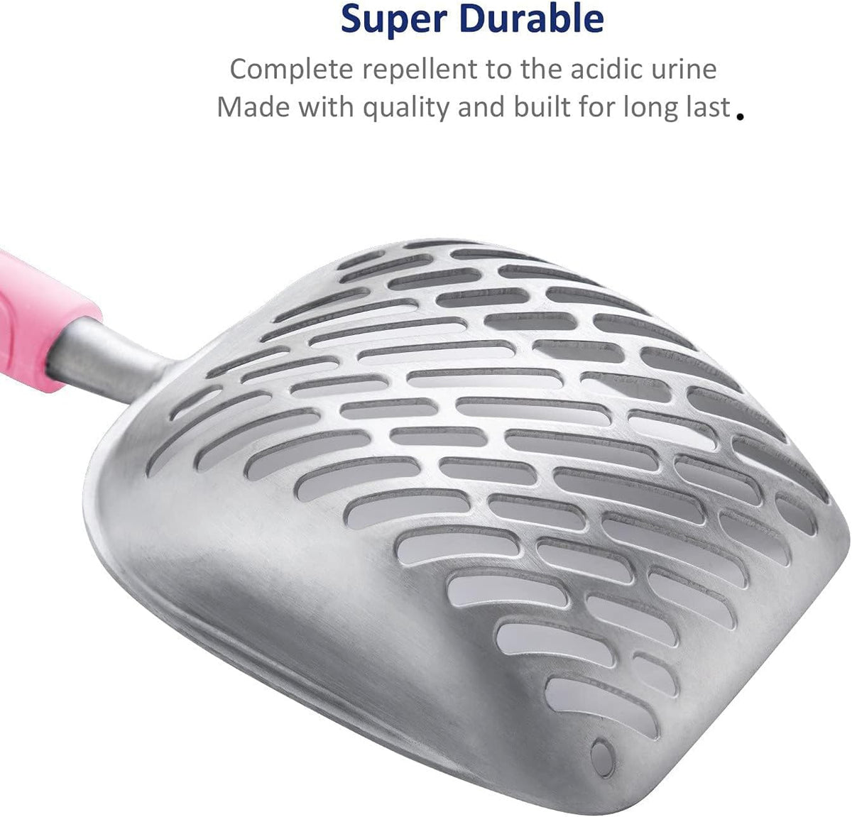 Cat Litter Scoop, Aluminum Alloy Sifter, Kitty Metal Scooper, Deep Shovel with Diagonal Sifting Hole, Long Handle, Kitten Poop Lifter for Litter Box, Medium Size, Blue Handle
