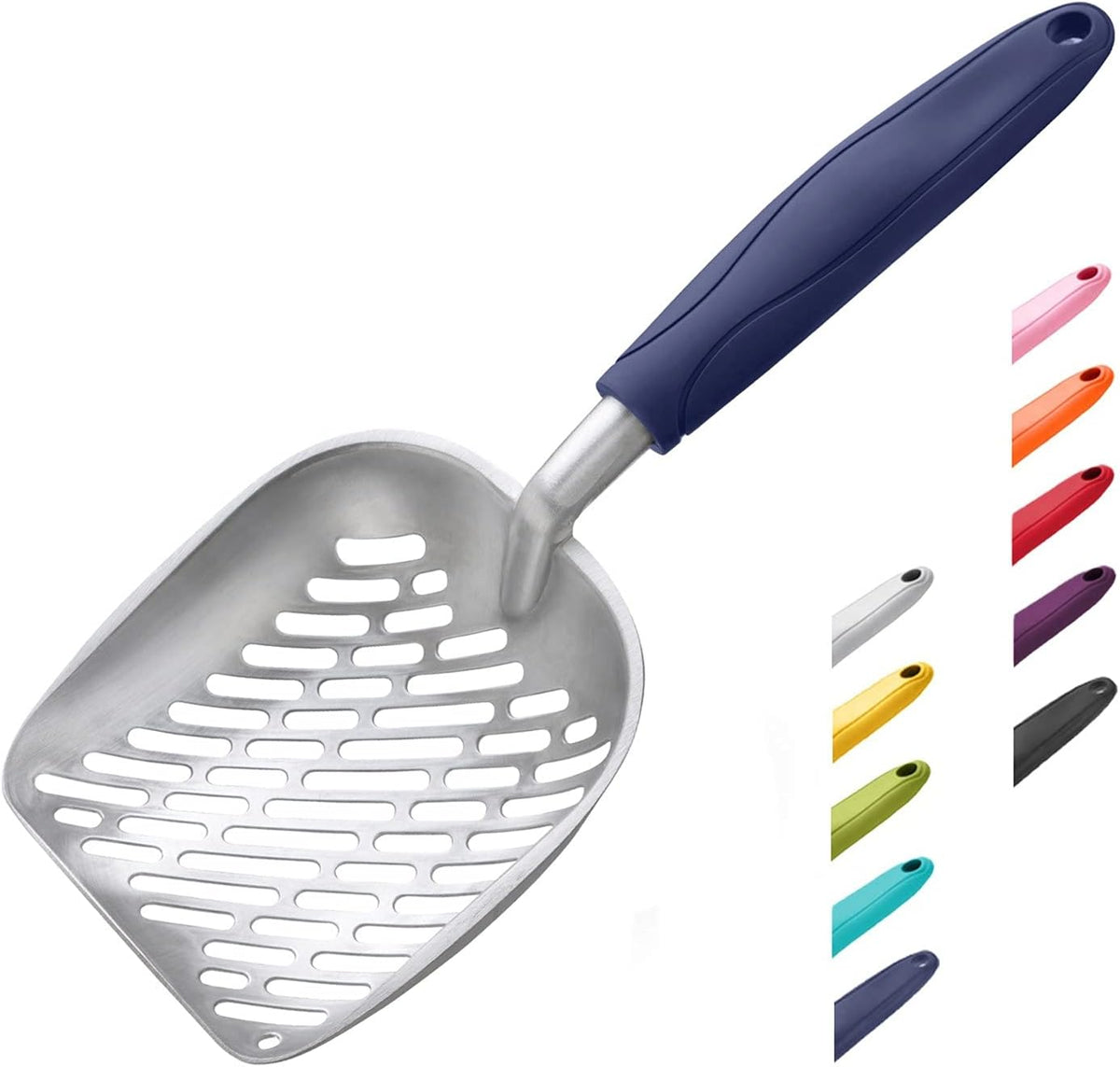 Cat Litter Scoop, Aluminum Alloy Sifter, Kitty Metal Scooper, Deep Shovel with Diagonal Sifting Hole, Long Handle, Kitten Poop Lifter for Litter Box, Medium Size, Blue Handle