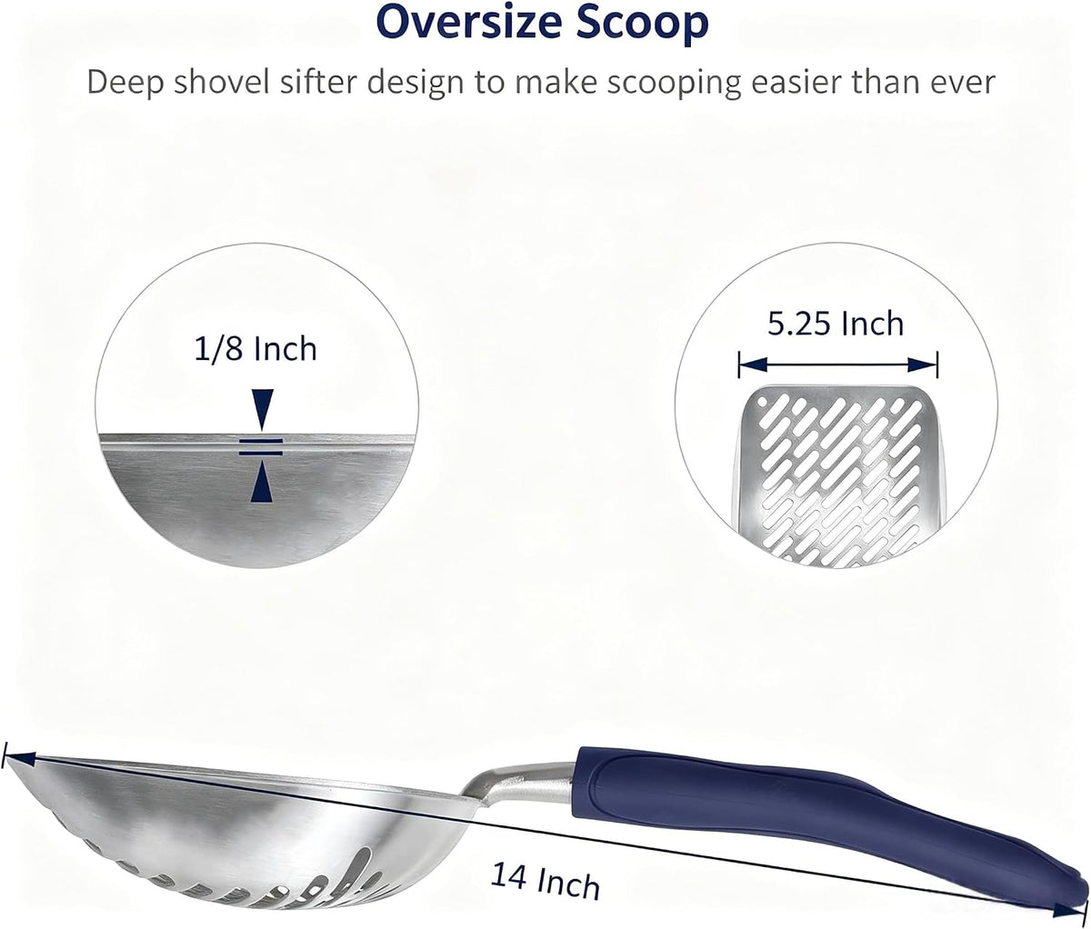 Cat Litter Scoop, Aluminum Alloy Sifter, Kitty Metal Scooper, Deep Shovel with Diagonal Sifting Hole, Long Handle, Kitten Poop Lifter for Litter Box, Medium Size, Blue Handle