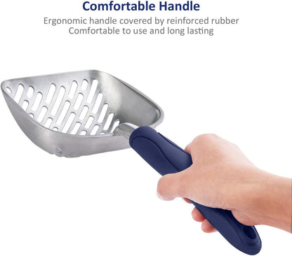 Cat Litter Scoop, Aluminum Alloy Sifter, Kitty Metal Scooper, Deep Shovel with Diagonal Sifting Hole, Long Handle, Kitten Poop Lifter for Litter Box, Medium Size, Blue Handle