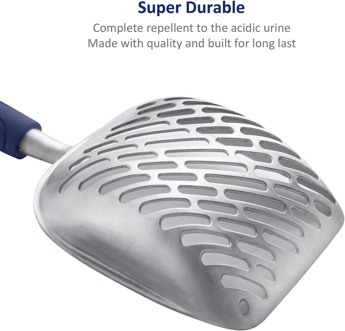 Cat Litter Scoop, Aluminum Alloy Sifter, Kitty Metal Scooper, Deep Shovel with Diagonal Sifting Hole, Long Handle, Kitten Poop Lifter for Litter Box, Medium Size, Blue Handle