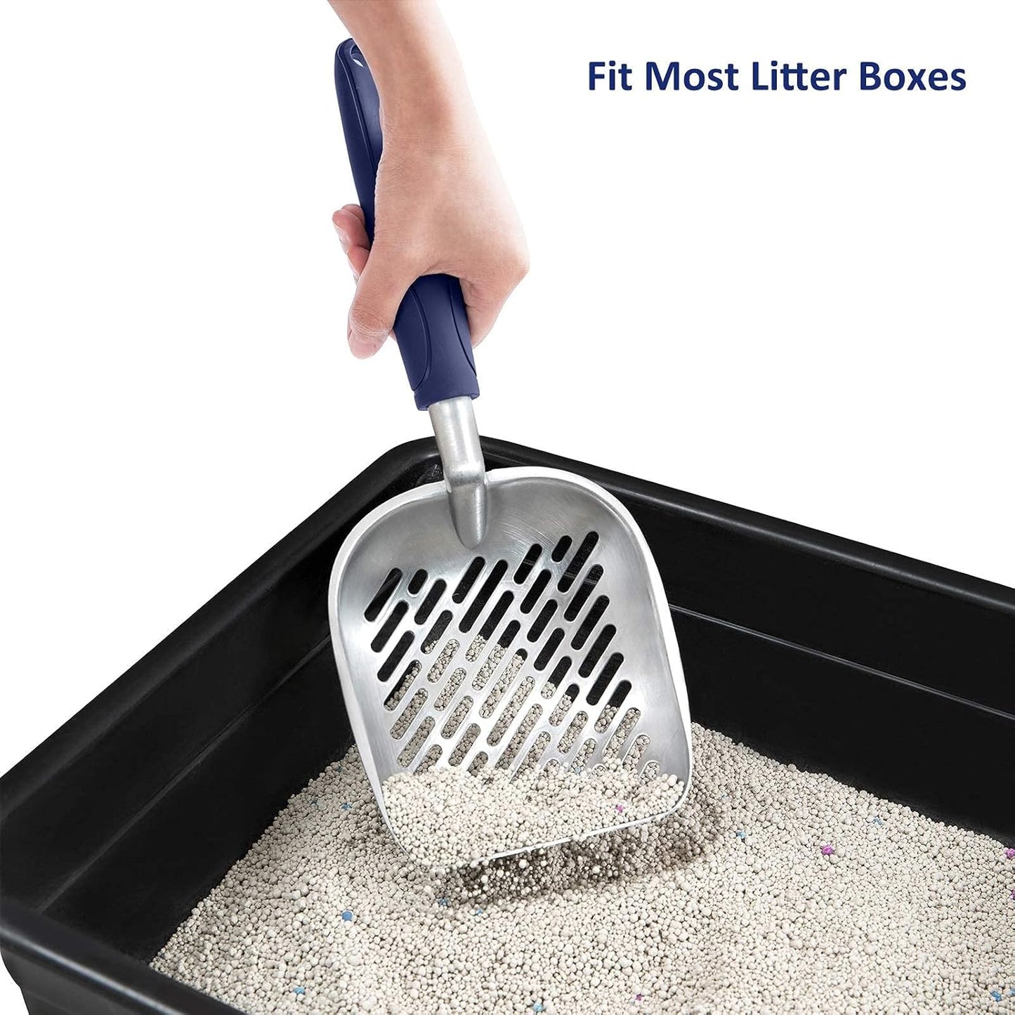 Cat Litter Scoop, Aluminum Alloy Sifter, Kitty Metal Scooper, Deep Shovel with Diagonal Sifting Hole, Long Handle, Kitten Poop Lifter for Litter Box, Medium Size, Blue Handle