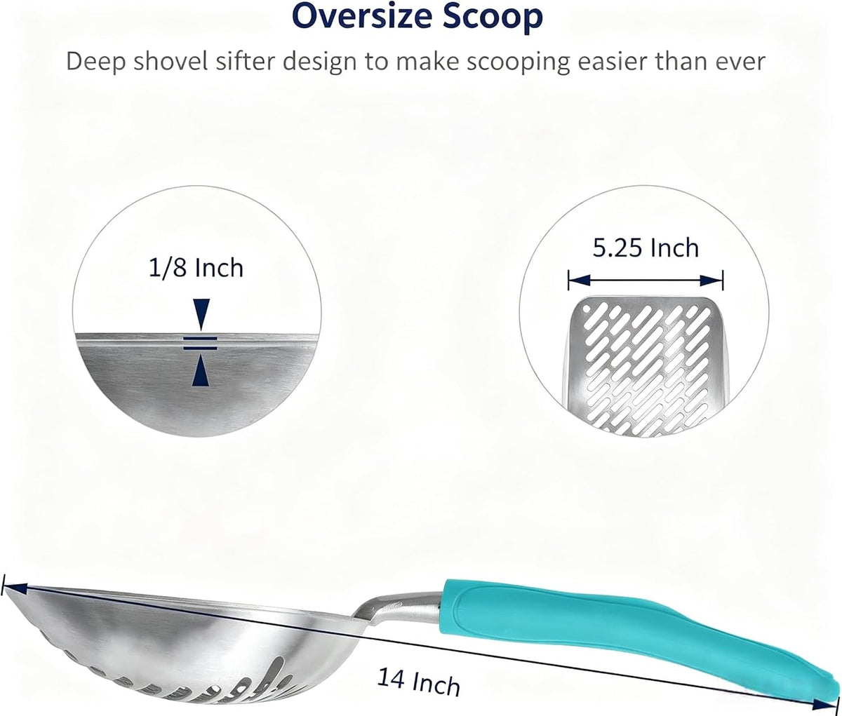 Cat Litter Scoop, Aluminum Alloy Sifter, Kitty Metal Scooper, Deep Shovel with Diagonal Sifting Hole, Long Handle, Kitten Poop Lifter for Litter Box, Medium Size, Blue Handle