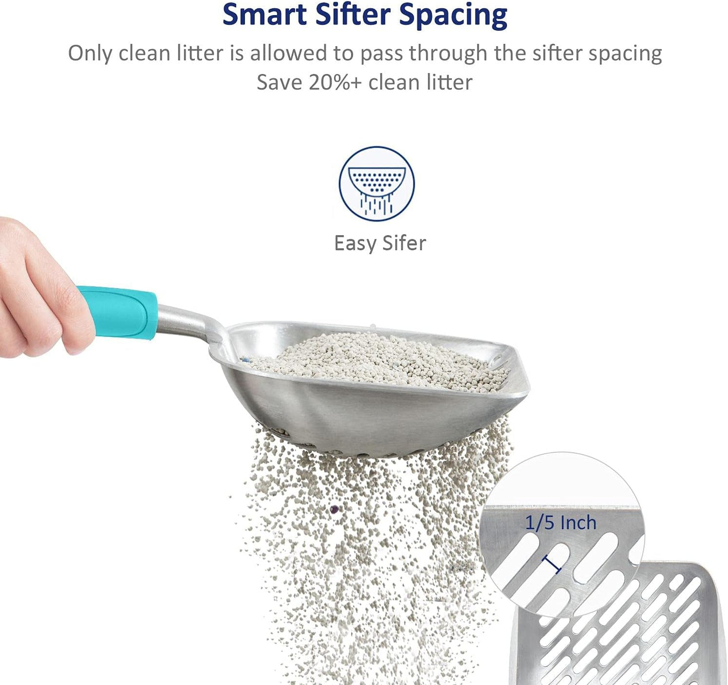 Cat Litter Scoop, Aluminum Alloy Sifter, Kitty Metal Scooper, Deep Shovel with Diagonal Sifting Hole, Long Handle, Kitten Poop Lifter for Litter Box, Medium Size, Blue Handle