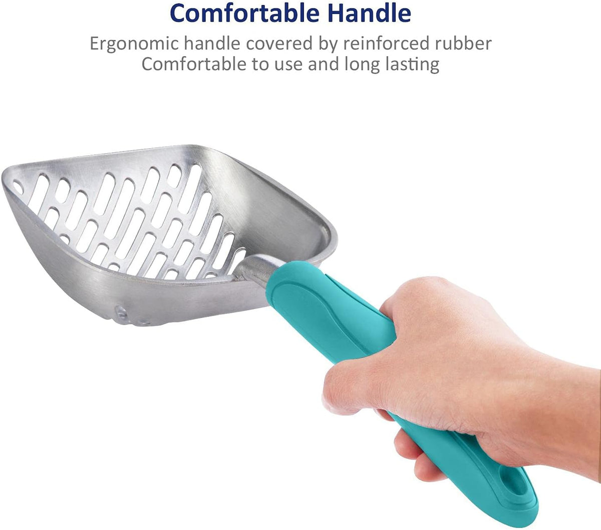 Cat Litter Scoop, Aluminum Alloy Sifter, Kitty Metal Scooper, Deep Shovel with Diagonal Sifting Hole, Long Handle, Kitten Poop Lifter for Litter Box, Medium Size, Blue Handle