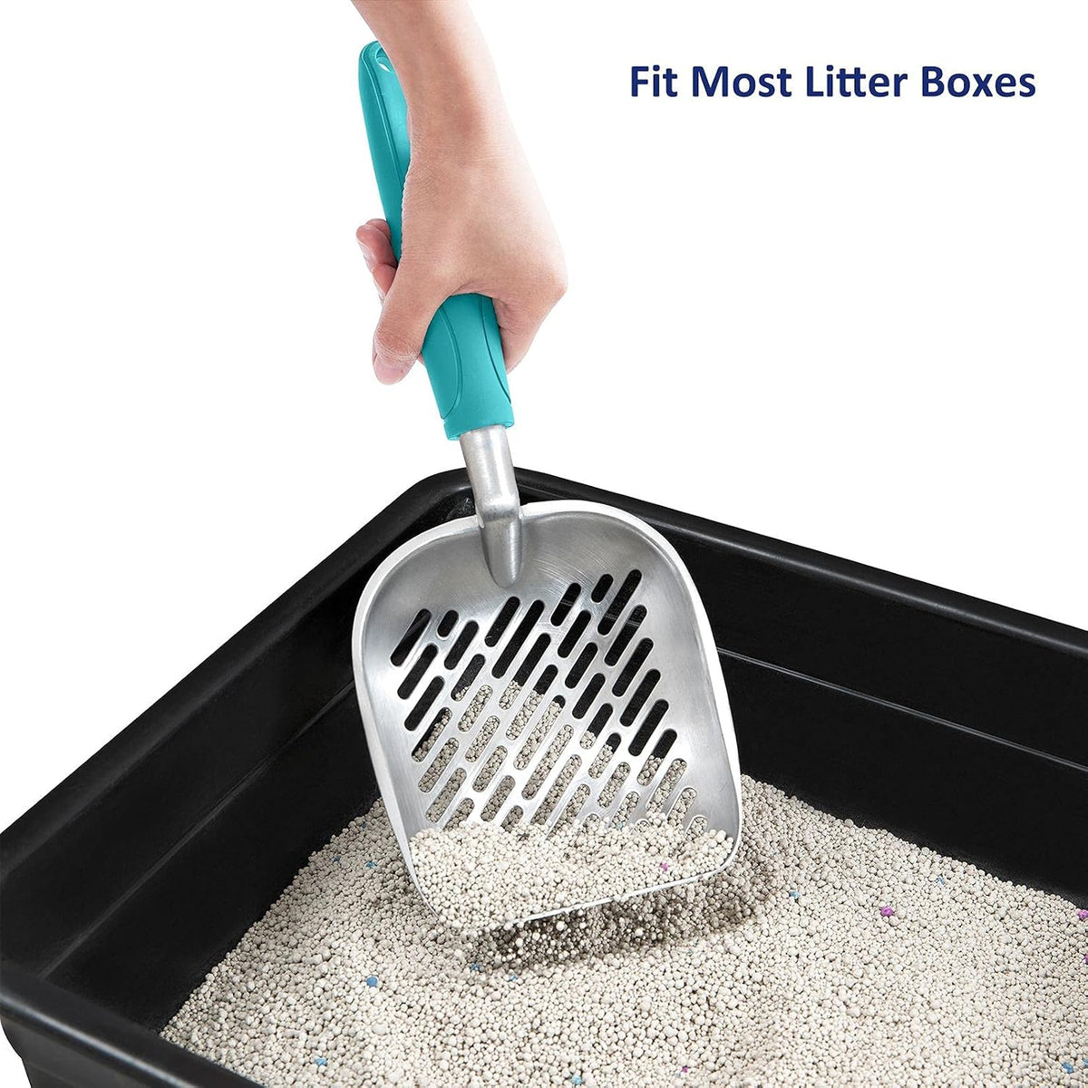 Cat Litter Scoop, Aluminum Alloy Sifter, Kitty Metal Scooper, Deep Shovel with Diagonal Sifting Hole, Long Handle, Kitten Poop Lifter for Litter Box, Medium Size, Blue Handle