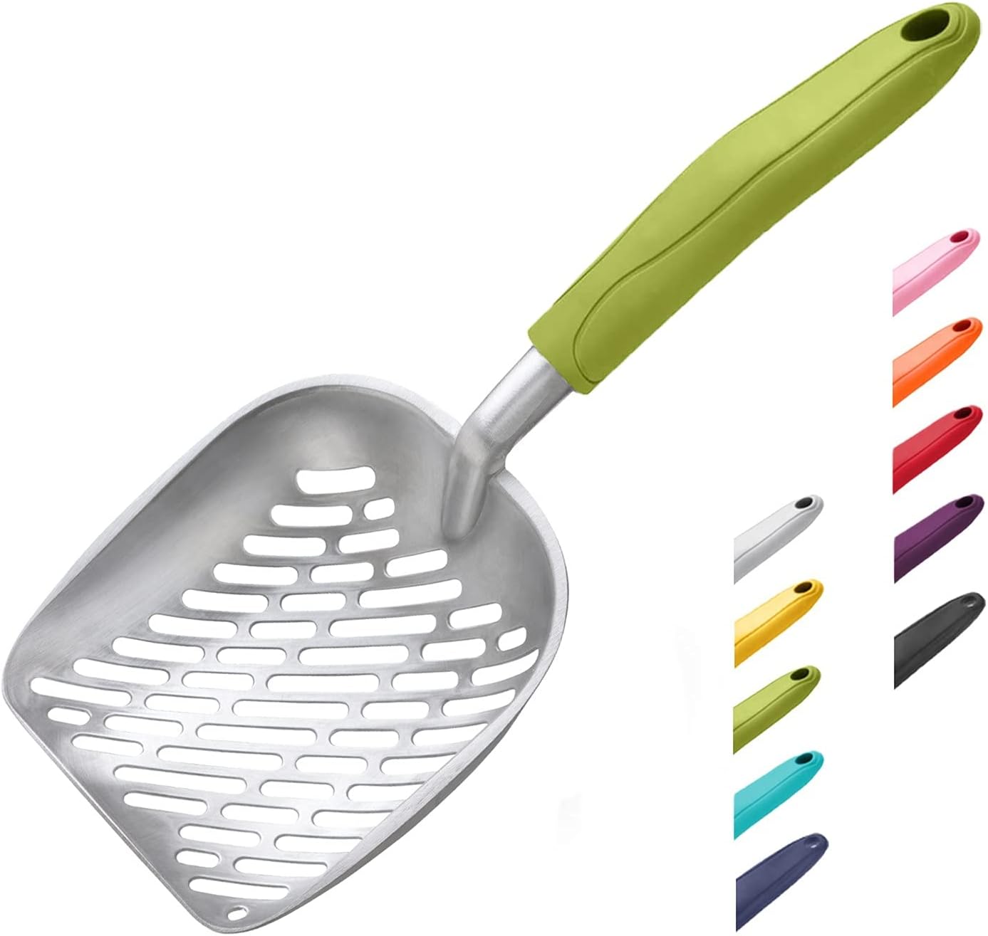 Cat Litter Scoop, Aluminum Alloy Sifter, Kitty Metal Scooper, Deep Shovel with Diagonal Sifting Hole, Long Handle, Kitten Poop Lifter for Litter Box, Medium Size, Blue Handle