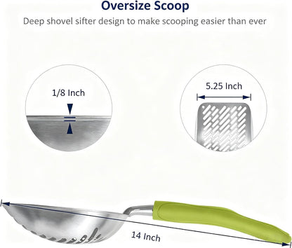Cat Litter Scoop, Aluminum Alloy Sifter, Kitty Metal Scooper, Deep Shovel with Diagonal Sifting Hole, Long Handle, Kitten Poop Lifter for Litter Box, Medium Size, Blue Handle