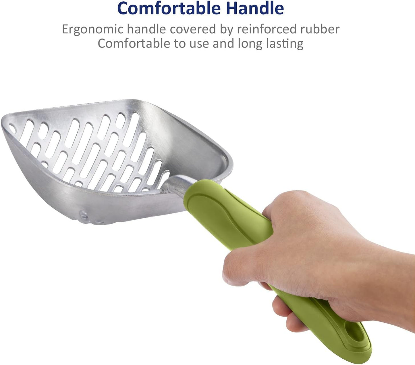 Cat Litter Scoop, Aluminum Alloy Sifter, Kitty Metal Scooper, Deep Shovel with Diagonal Sifting Hole, Long Handle, Kitten Poop Lifter for Litter Box, Medium Size, Blue Handle