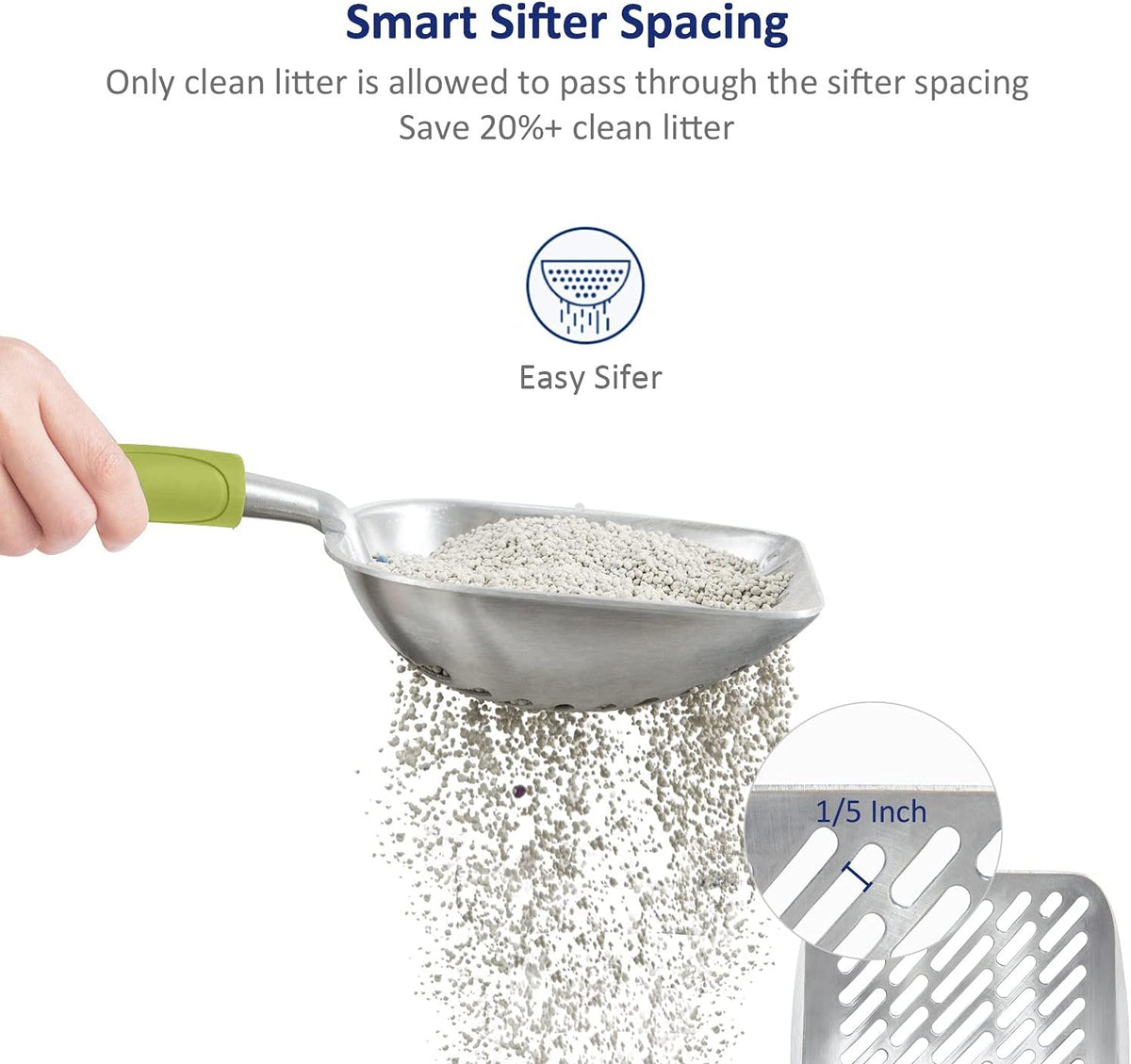 Cat Litter Scoop, Aluminum Alloy Sifter, Kitty Metal Scooper, Deep Shovel with Diagonal Sifting Hole, Long Handle, Kitten Poop Lifter for Litter Box, Medium Size, Blue Handle