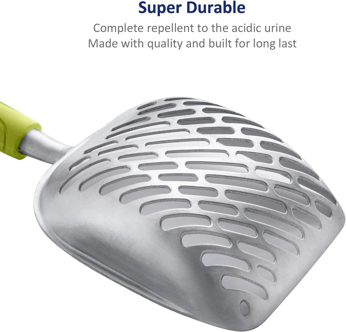 Cat Litter Scoop, Aluminum Alloy Sifter, Kitty Metal Scooper, Deep Shovel with Diagonal Sifting Hole, Long Handle, Kitten Poop Lifter for Litter Box, Medium Size, Blue Handle
