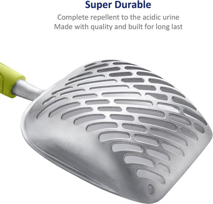 Cat Litter Scoop, Aluminum Alloy Sifter, Kitty Metal Scooper, Deep Shovel with Diagonal Sifting Hole, Long Handle, Kitten Poop Lifter for Litter Box, Medium Size, Blue Handle