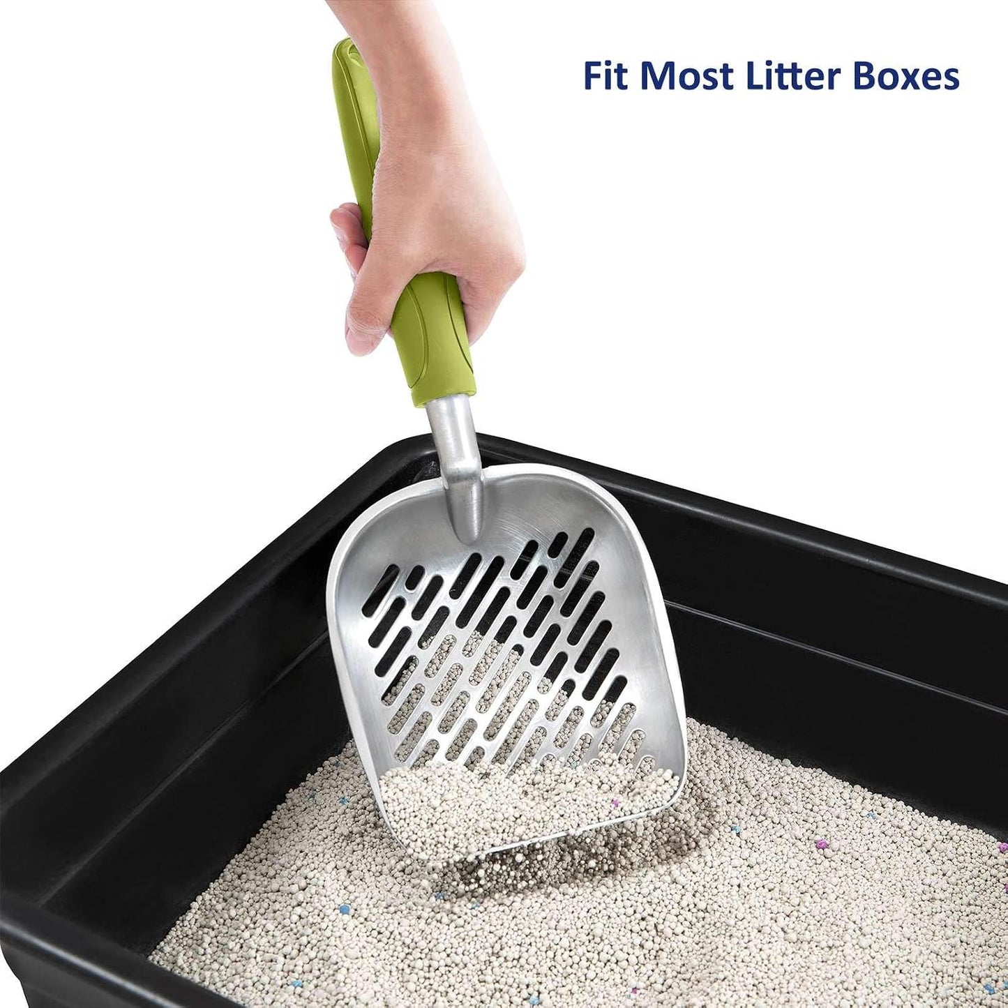 Cat Litter Scoop, Aluminum Alloy Sifter, Kitty Metal Scooper, Deep Shovel with Diagonal Sifting Hole, Long Handle, Kitten Poop Lifter for Litter Box, Medium Size, Blue Handle