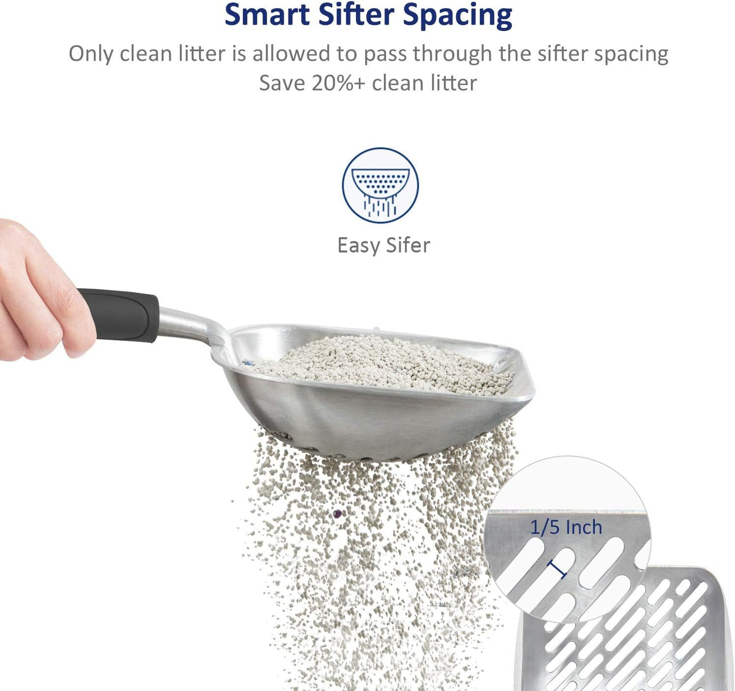 Cat Litter Scoop, Aluminum Alloy Sifter, Kitty Metal Scooper, Deep Shovel with Diagonal Sifting Hole, Long Handle, Kitten Poop Lifter for Litter Box, Medium Size, Blue Handle