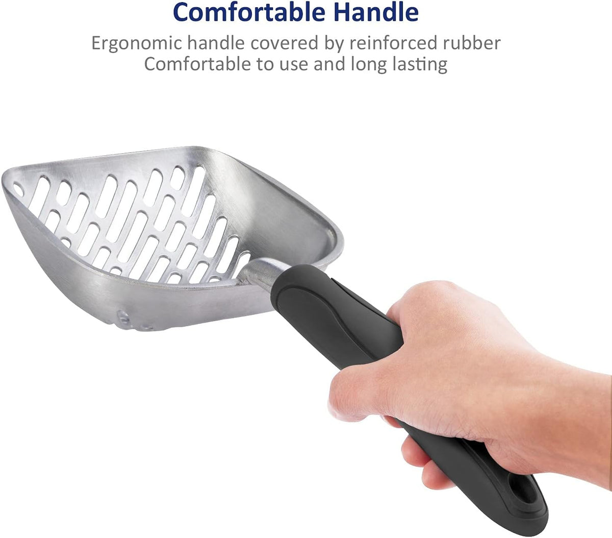 Cat Litter Scoop, Aluminum Alloy Sifter, Kitty Metal Scooper, Deep Shovel with Diagonal Sifting Hole, Long Handle, Kitten Poop Lifter for Litter Box, Medium Size, Blue Handle