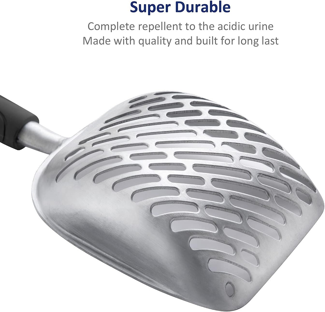 Cat Litter Scoop, Aluminum Alloy Sifter, Kitty Metal Scooper, Deep Shovel with Diagonal Sifting Hole, Long Handle, Kitten Poop Lifter for Litter Box, Medium Size, Blue Handle