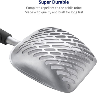 Cat Litter Scoop, Aluminum Alloy Sifter, Kitty Metal Scooper, Deep Shovel with Diagonal Sifting Hole, Long Handle, Kitten Poop Lifter for Litter Box, Medium Size, Blue Handle