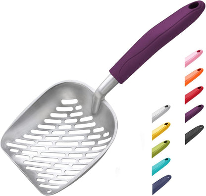 Cat Litter Scoop, Aluminum Alloy Sifter, Kitty Metal Scooper, Deep Shovel with Diagonal Sifting Hole, Long Handle, Kitten Poop Lifter for Litter Box, Medium Size, Blue Handle