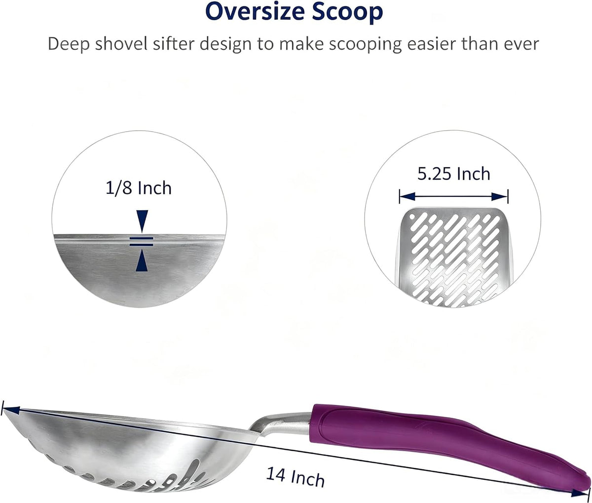 Cat Litter Scoop, Aluminum Alloy Sifter, Kitty Metal Scooper, Deep Shovel with Diagonal Sifting Hole, Long Handle, Kitten Poop Lifter for Litter Box, Medium Size, Blue Handle