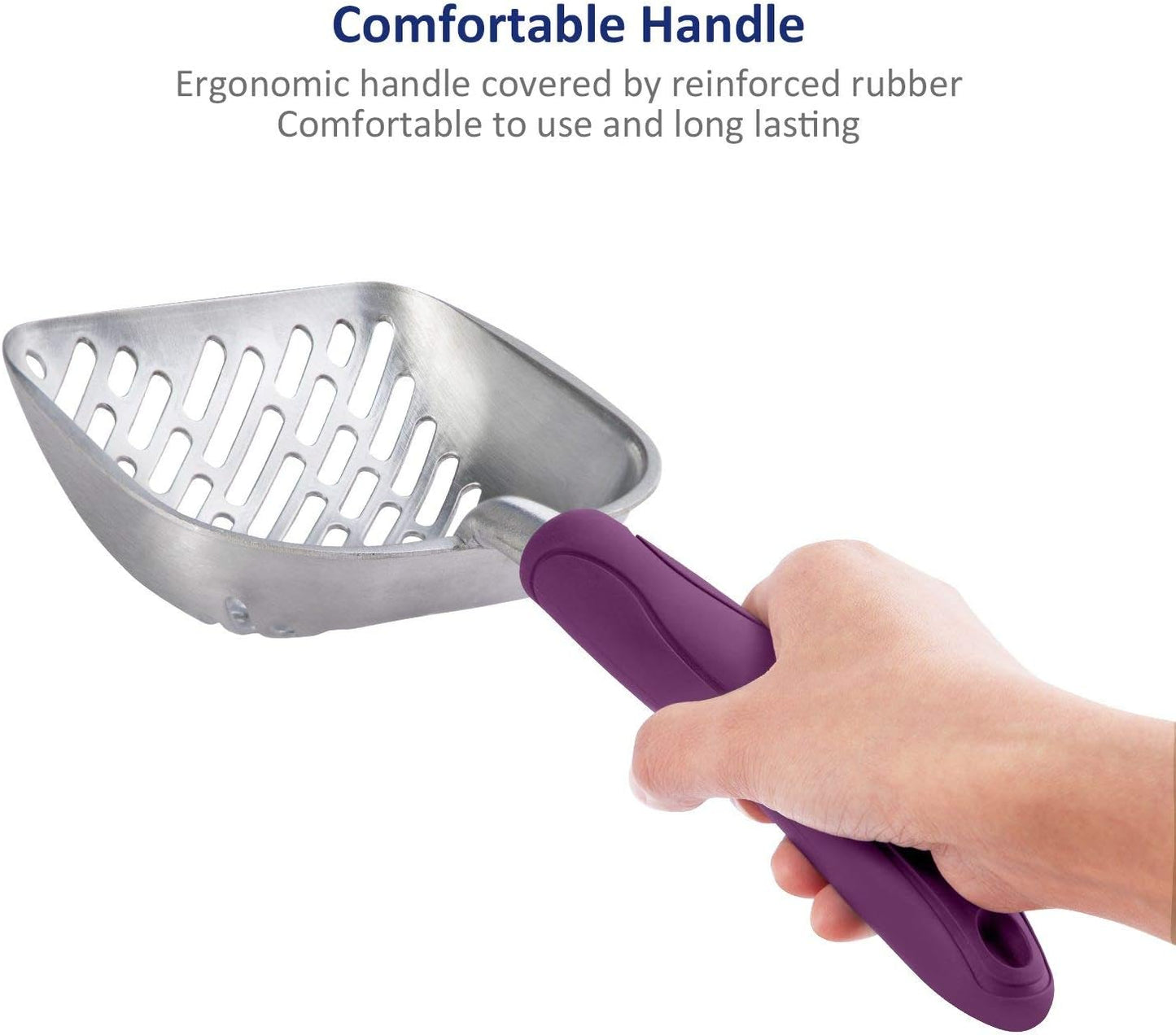 Cat Litter Scoop, Aluminum Alloy Sifter, Kitty Metal Scooper, Deep Shovel with Diagonal Sifting Hole, Long Handle, Kitten Poop Lifter for Litter Box, Medium Size, Blue Handle
