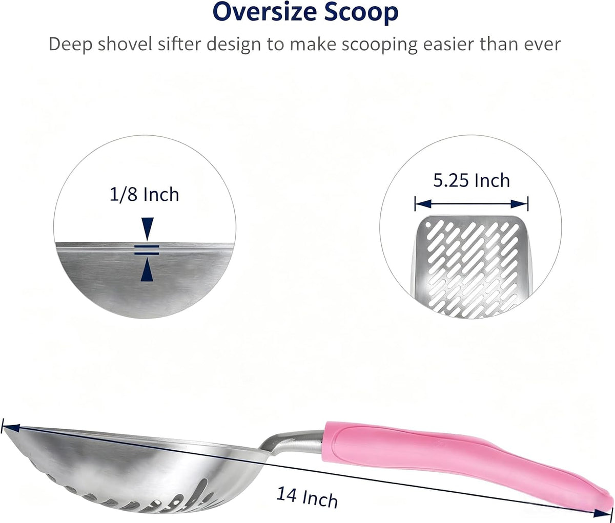 Cat Litter Scoop, Aluminum Alloy Sifter, Kitty Metal Scooper, Deep Shovel with Diagonal Sifting Hole, Long Handle, Kitten Poop Lifter for Litter Box, Medium Size, Blue Handle