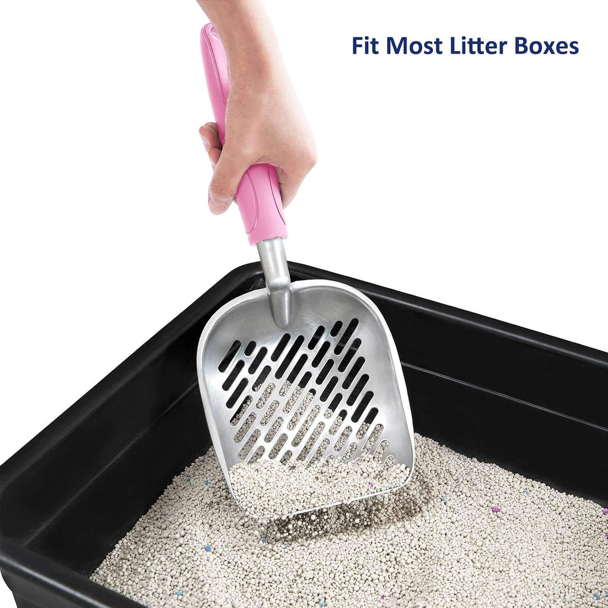 Cat Litter Scoop, Aluminum Alloy Sifter, Kitty Metal Scooper, Deep Shovel with Diagonal Sifting Hole, Long Handle, Kitten Poop Lifter for Litter Box, Medium Size, Blue Handle