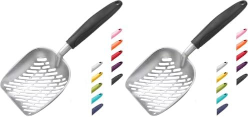 Cat Litter Scoop, Aluminum Alloy Sifter, Kitty Metal Scooper, Deep Shovel with Diagonal Sifting Hole, Long Handle, Kitten Poop Lifter for Litter Box, Medium Size, Blue Handle