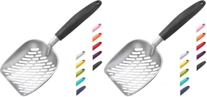 Cat Litter Scoop, Aluminum Alloy Sifter, Kitty Metal Scooper, Deep Shovel with Diagonal Sifting Hole, Long Handle, Kitten Poop Lifter for Litter Box, Medium Size, Blue Handle