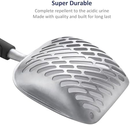 Cat Litter Scoop, Aluminum Alloy Sifter, Kitty Metal Scooper, Deep Shovel with Diagonal Sifting Hole, Long Handle, Kitten Poop Lifter for Litter Box, Medium Size, Blue Handle