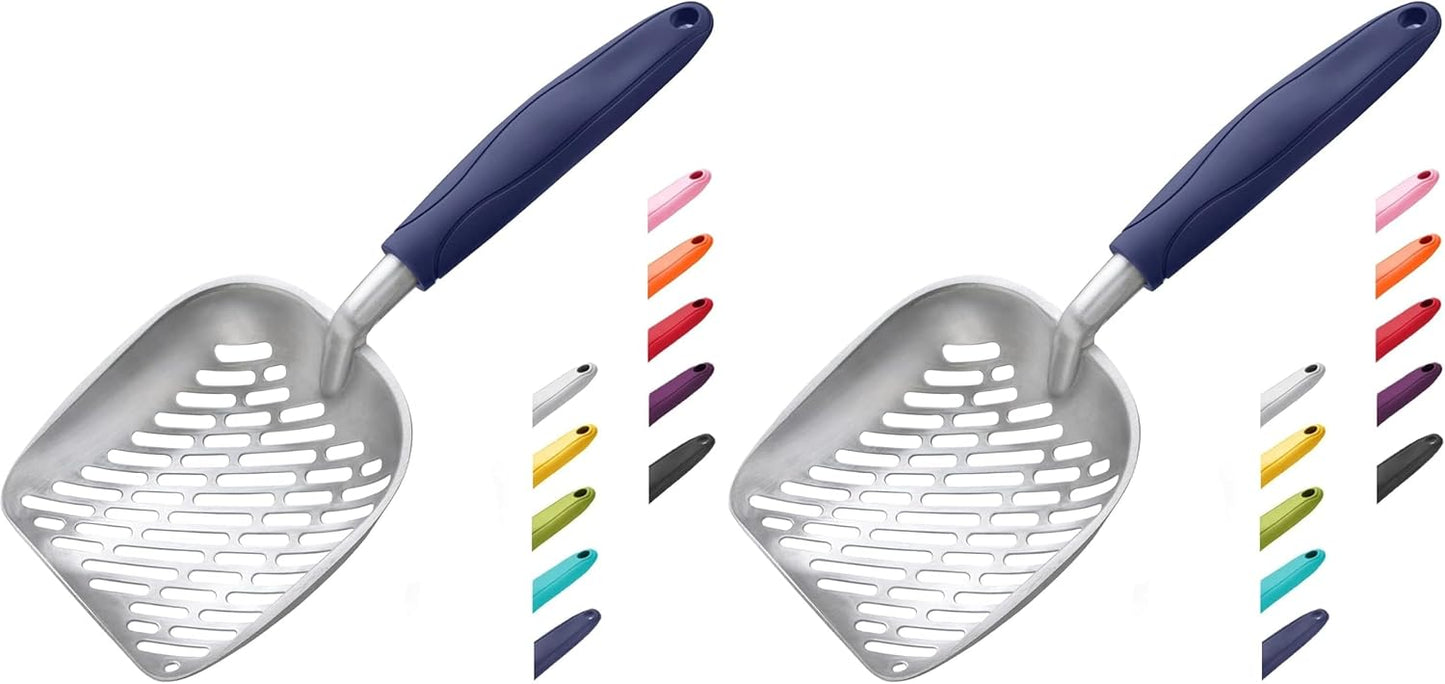 Cat Litter Scoop, Aluminum Alloy Sifter, Kitty Metal Scooper, Deep Shovel with Diagonal Sifting Hole, Long Handle, Kitten Poop Lifter for Litter Box, Medium Size, Blue Handle