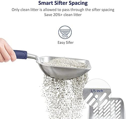 Cat Litter Scoop, Aluminum Alloy Sifter, Kitty Metal Scooper, Deep Shovel with Diagonal Sifting Hole, Long Handle, Kitten Poop Lifter for Litter Box, Medium Size, Blue Handle
