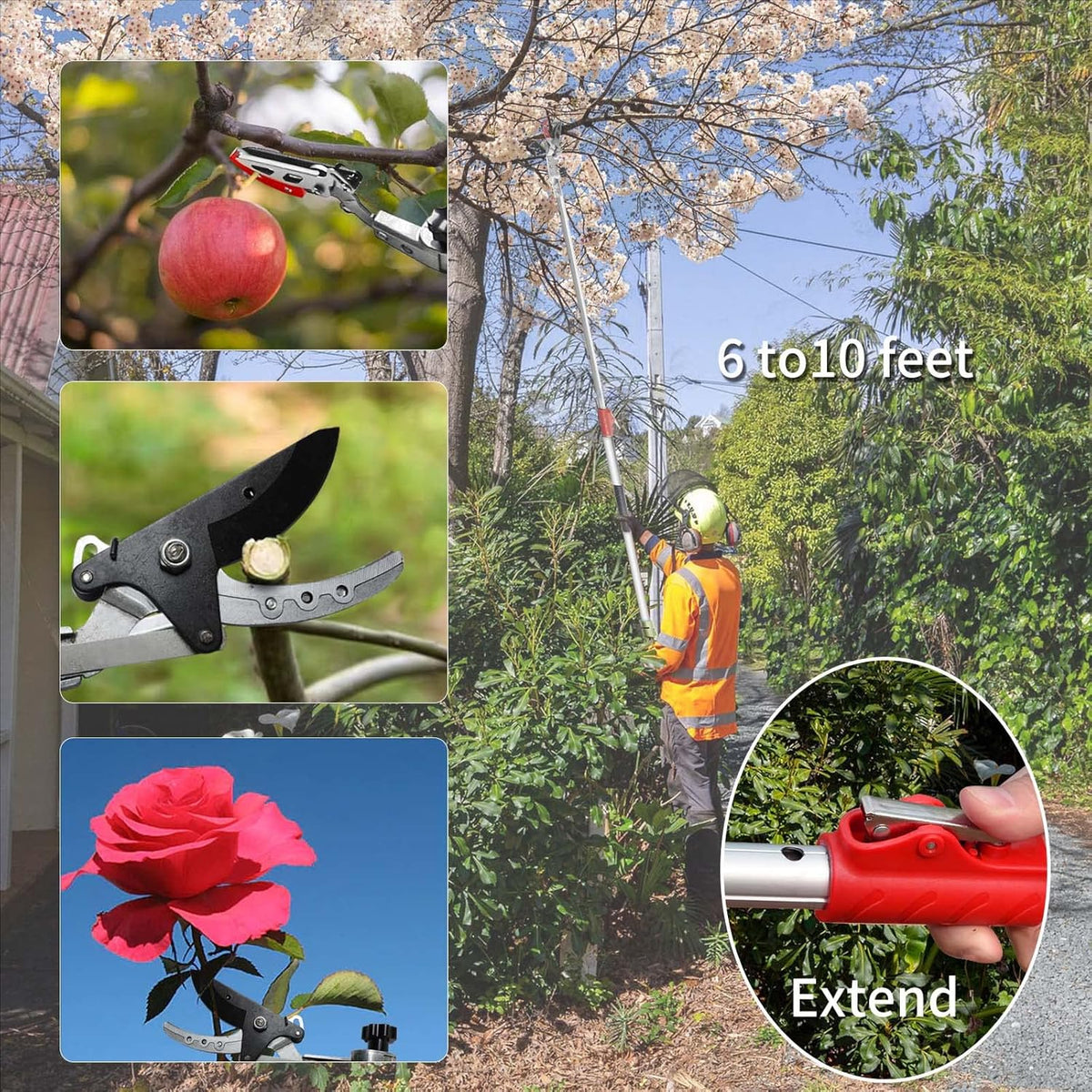 Pruner for Garden, Cut Upto 1 Inch & Hold Telescopic Pole Pruner, Fruit Picker with Rotating Blade Head, Lightweight Aluminum Extendable Handle for Tree Branch Cutter, 6.23-10.5 FT, Silver