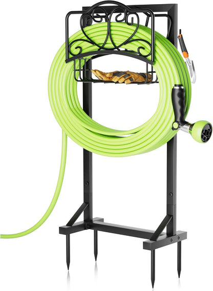 Stable Garden Hose Holder with Storage Basket and Tool Hooks, Heavy-Duty Garden Hose Storage Metal Hose Hanger Holds 160Ft, Rustproof Freestanding Water Hose Holder for Outside,Yard,Lawn,Farm