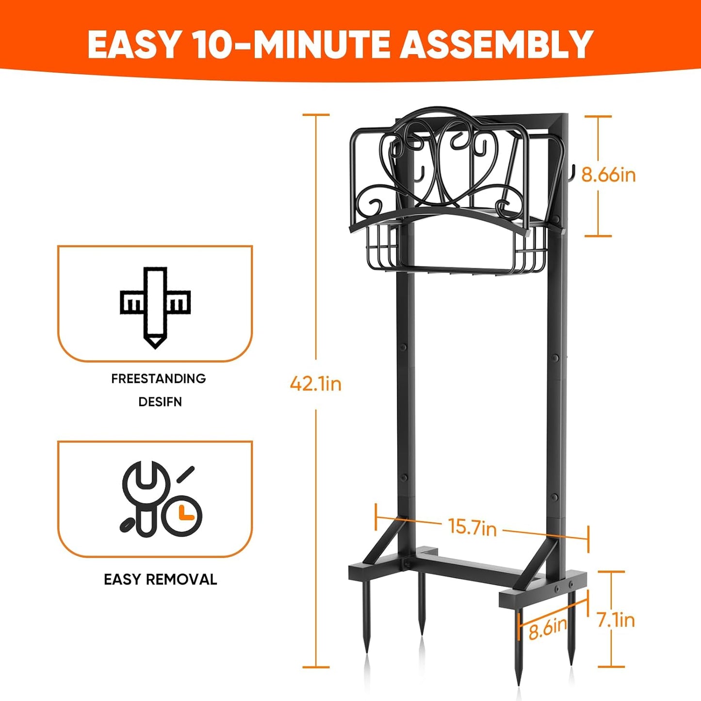 Stable Garden Hose Holder with Storage Basket and Tool Hooks, Heavy-Duty Garden Hose Storage Metal Hose Hanger Holds 160Ft, Rustproof Freestanding Water Hose Holder for Outside,Yard,Lawn,Farm