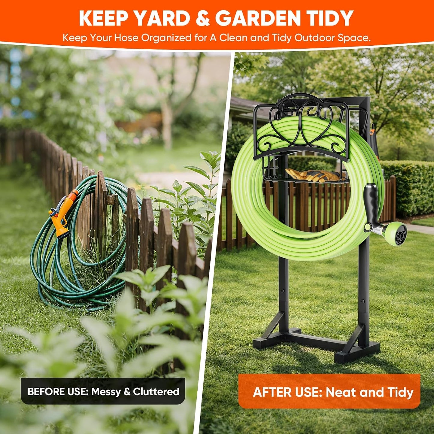 Stable Garden Hose Holder with Storage Basket and Tool Hooks, Heavy-Duty Garden Hose Storage Metal Hose Hanger Holds 160Ft, Rustproof Freestanding Water Hose Holder for Outside,Yard,Lawn,Farm