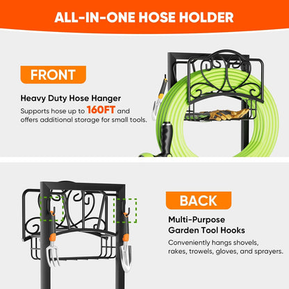 Stable Garden Hose Holder with Storage Basket and Tool Hooks, Heavy-Duty Garden Hose Storage Metal Hose Hanger Holds 160Ft, Rustproof Freestanding Water Hose Holder for Outside,Yard,Lawn,Farm