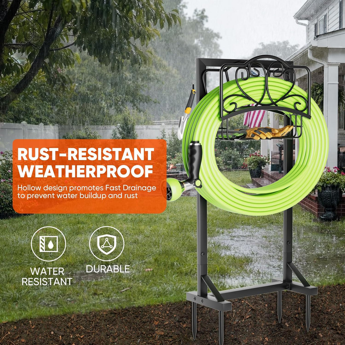 Stable Garden Hose Holder with Storage Basket and Tool Hooks, Heavy-Duty Garden Hose Storage Metal Hose Hanger Holds 160Ft, Rustproof Freestanding Water Hose Holder for Outside,Yard,Lawn,Farm