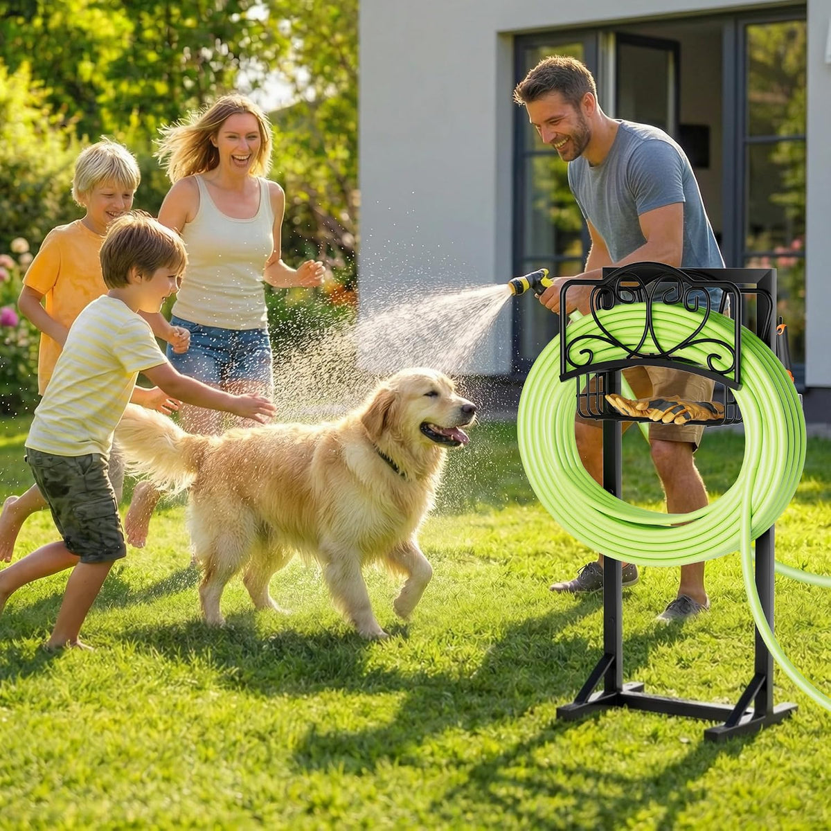 Stable Garden Hose Holder with Storage Basket and Tool Hooks, Heavy-Duty Garden Hose Storage Metal Hose Hanger Holds 160Ft, Rustproof Freestanding Water Hose Holder for Outside,Yard,Lawn,Farm