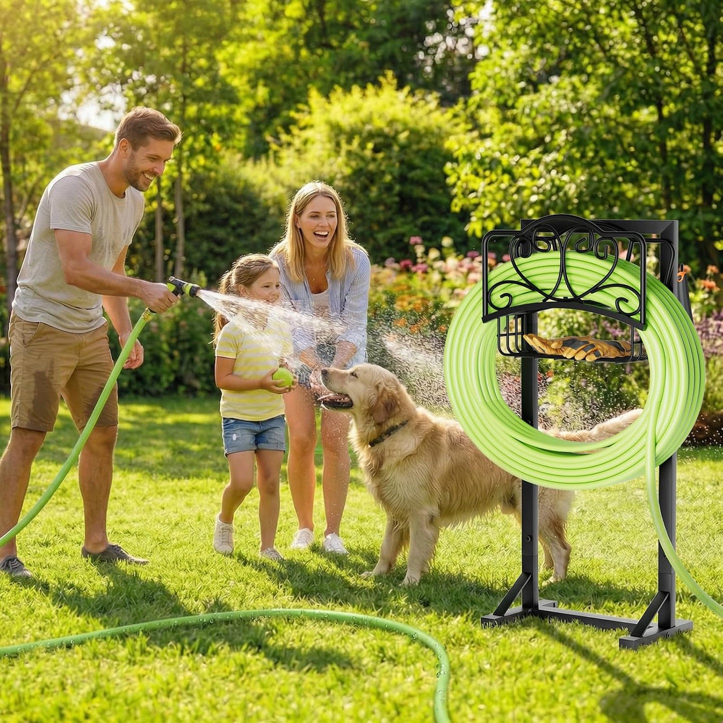 Stable Garden Hose Holder with Storage Basket and Tool Hooks, Heavy-Duty Garden Hose Storage Metal Hose Hanger Holds 160Ft, Rustproof Freestanding Water Hose Holder for Outside,Yard,Lawn,Farm