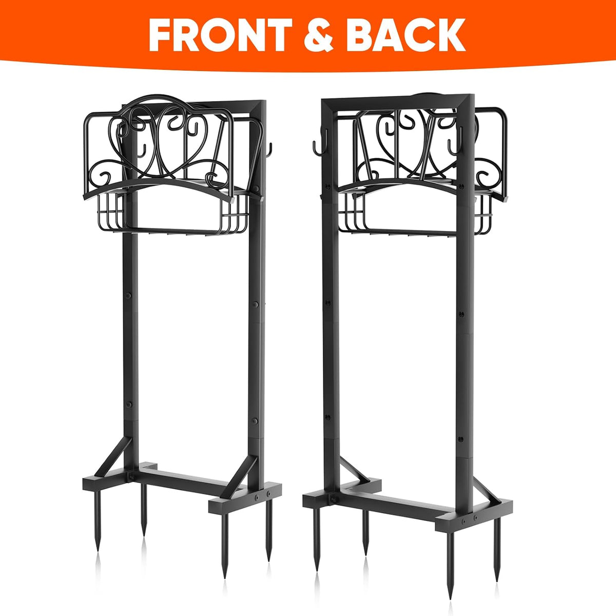 Stable Garden Hose Holder with Storage Basket and Tool Hooks, Heavy-Duty Garden Hose Storage Metal Hose Hanger Holds 160Ft, Rustproof Freestanding Water Hose Holder for Outside,Yard,Lawn,Farm