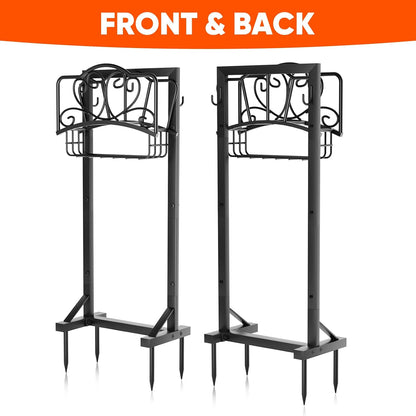 Stable Garden Hose Holder with Storage Basket and Tool Hooks, Heavy-Duty Garden Hose Storage Metal Hose Hanger Holds 160Ft, Rustproof Freestanding Water Hose Holder for Outside,Yard,Lawn,Farm