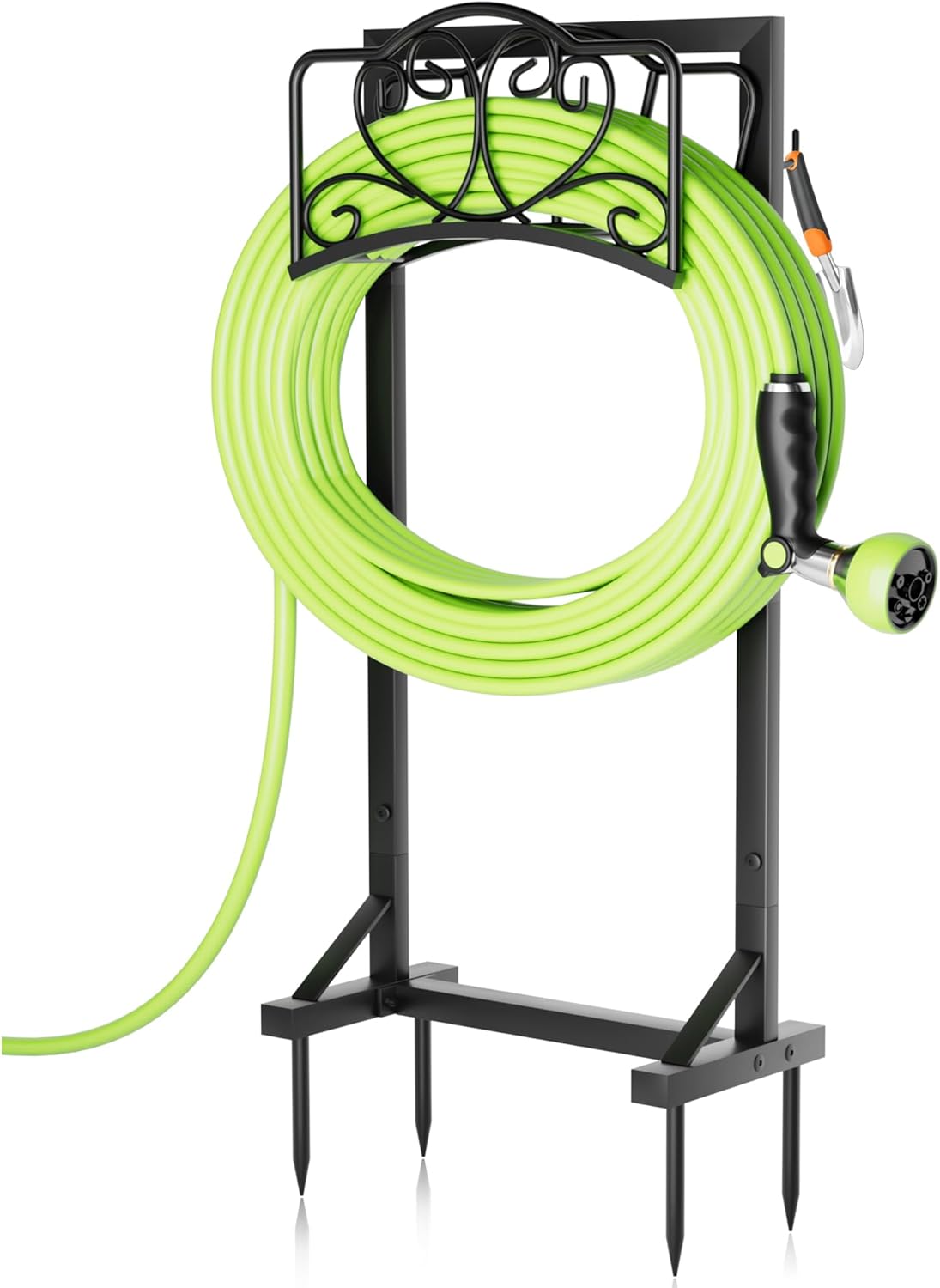 Stable Garden Hose Holder with Storage Basket and Tool Hooks, Heavy-Duty Garden Hose Storage Metal Hose Hanger Holds 160Ft, Rustproof Freestanding Water Hose Holder for Outside,Yard,Lawn,Farm