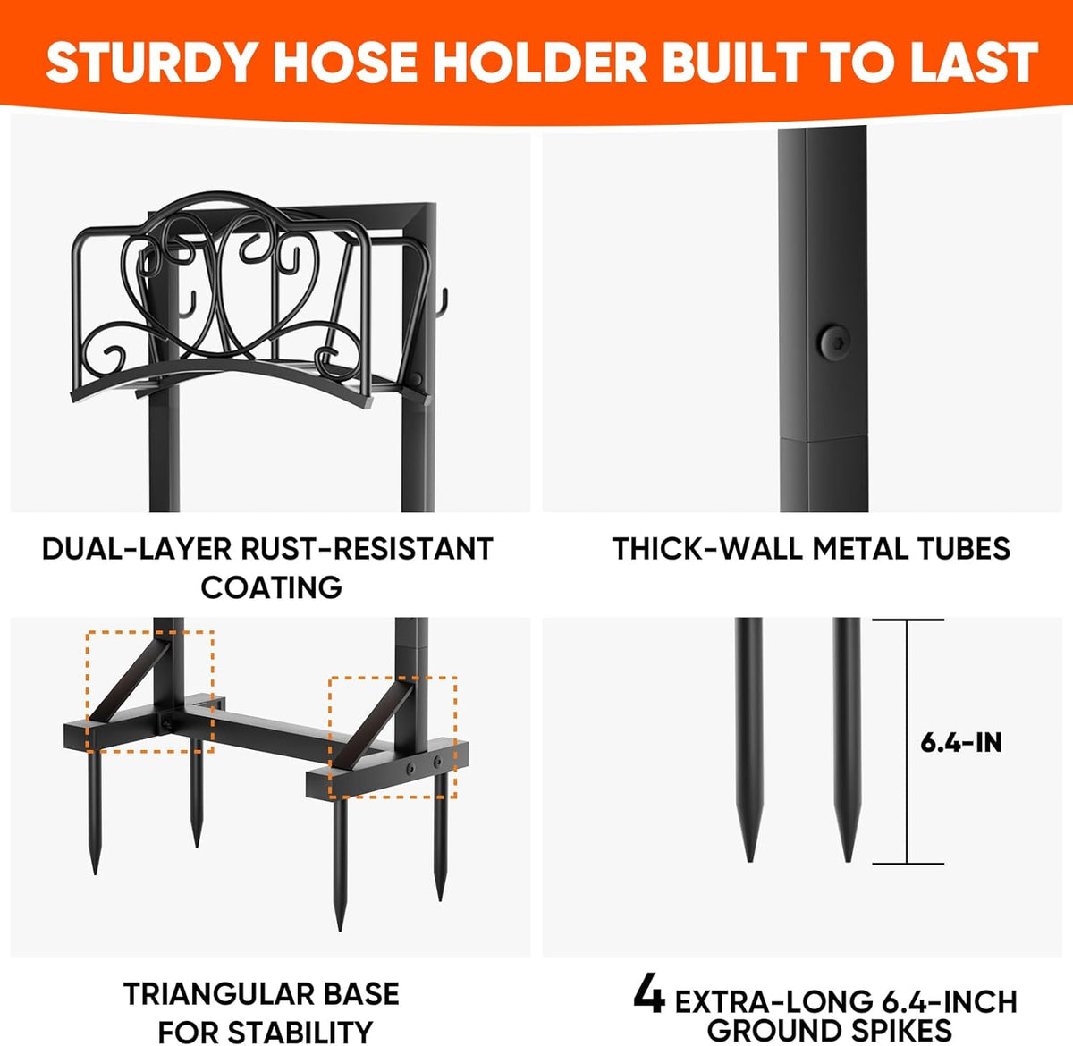 Stable Garden Hose Holder with Storage Basket and Tool Hooks, Heavy-Duty Garden Hose Storage Metal Hose Hanger Holds 160Ft, Rustproof Freestanding Water Hose Holder for Outside,Yard,Lawn,Farm