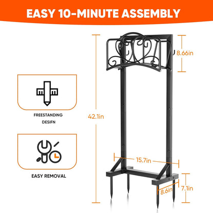 Stable Garden Hose Holder with Storage Basket and Tool Hooks, Heavy-Duty Garden Hose Storage Metal Hose Hanger Holds 160Ft, Rustproof Freestanding Water Hose Holder for Outside,Yard,Lawn,Farm