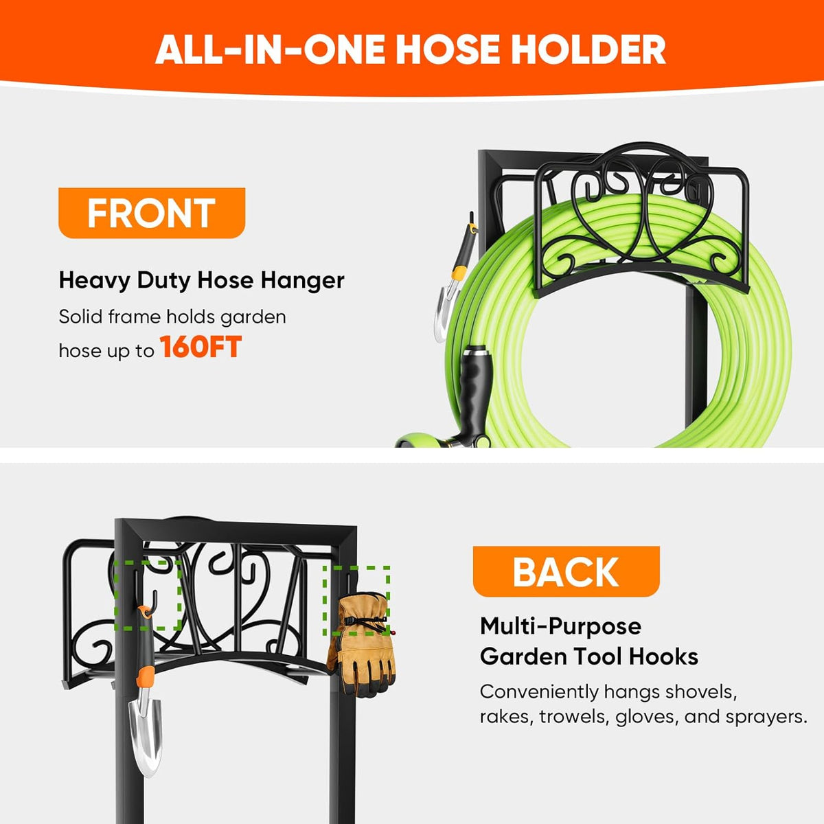 Stable Garden Hose Holder with Storage Basket and Tool Hooks, Heavy-Duty Garden Hose Storage Metal Hose Hanger Holds 160Ft, Rustproof Freestanding Water Hose Holder for Outside,Yard,Lawn,Farm