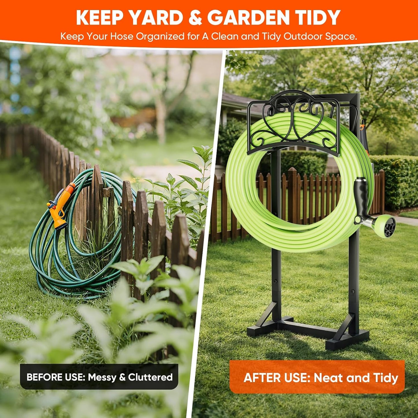 Stable Garden Hose Holder with Storage Basket and Tool Hooks, Heavy-Duty Garden Hose Storage Metal Hose Hanger Holds 160Ft, Rustproof Freestanding Water Hose Holder for Outside,Yard,Lawn,Farm