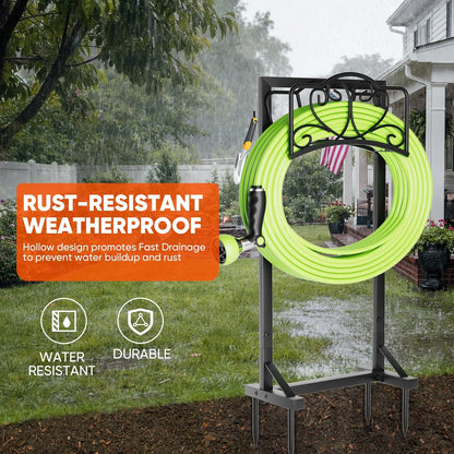 Stable Garden Hose Holder with Storage Basket and Tool Hooks, Heavy-Duty Garden Hose Storage Metal Hose Hanger Holds 160Ft, Rustproof Freestanding Water Hose Holder for Outside,Yard,Lawn,Farm